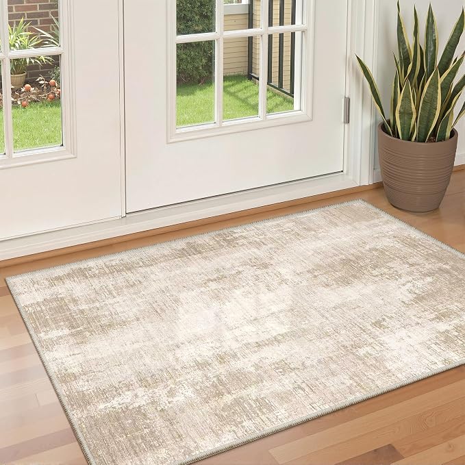 Valenrug 3x5 Rug Non Slip, Abstract Washable Entryway Rug for Bedroom Beige | Soft & Lighweight, Folable, Stain Resistant Low Pile Thin Indoor Distressed Carpet Rugs for Living Room,Laundry Room,Kitchen