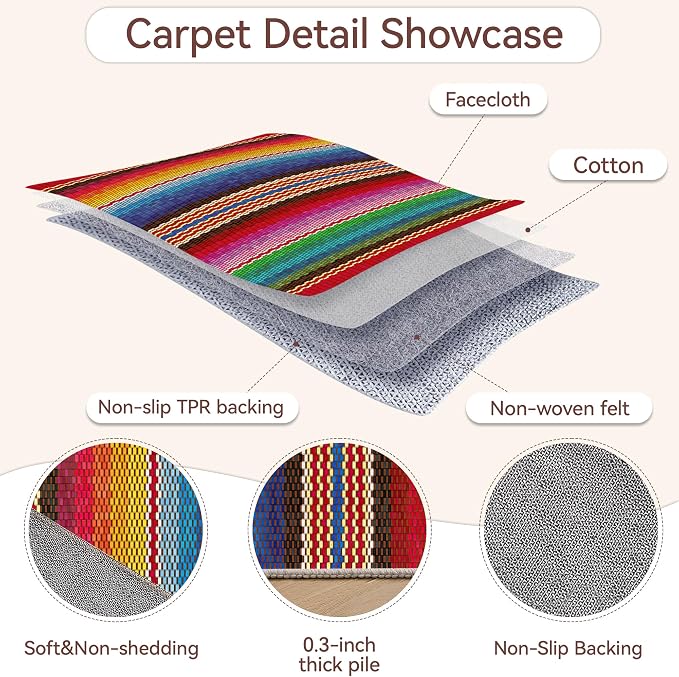 Mexican Ethnic Rug for Living Room 5x7,Boho Rainbow Stripes Machine Washable Area Rug Soft Stain Resistant Floor Large Carpet for Bedroom,Farmhouse,Dining Room,Kids Playroom