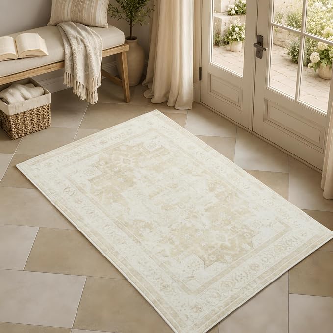 2x3 Area Rug Washable Vintage: Non Slip Throw Rugs for Entryway | Indoor Door Mat for Kitchen Soft Low Pile Thin Small Carpet for Hallway Bedroom Dining Room Home Office Decor