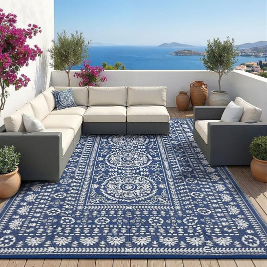 Garvee Reversible Outdoor Rug 6x9 for Patio, Waterproof Outdoor Area Rug, Modern Medallion Indoor Outdoor Rugs, Plastic Straw Rug for RV, Camping, Deck, Vintage Navy