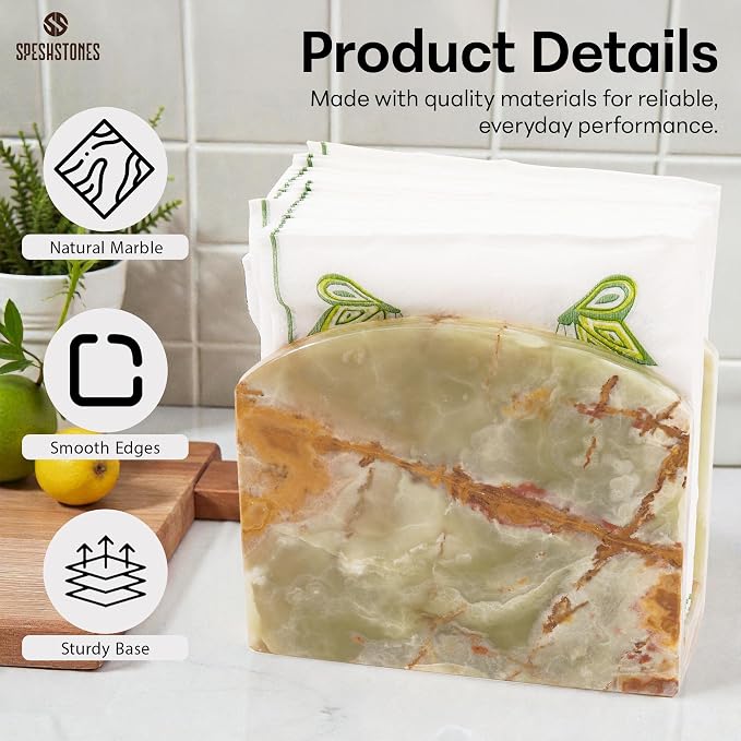 Marble Napkin Holder for Table 6.5 Inch Green Stone Organizer for Cocktail Napkins & Tissue Paper – Decorative Napkin Holder for Bathroom, Kitchen Counter, Coffee Bar & Dining Table