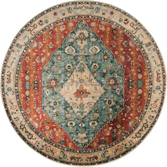 Lahome Felice Boho Tribal Round Rugs - 3Ft Small Entryway Round Area Rug Soft Bedroom Foyer Throw Mat Washable Non-Shedding Non-Slip Sofa Nursery Bathroom Carpet,Rust/Dull Teal