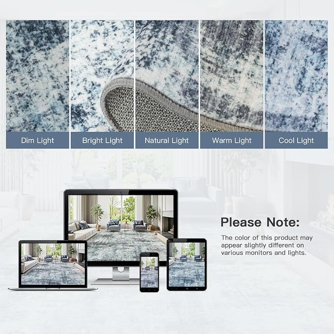 9x12 Area Rug for Living Room, Abstract Washable Non-Slip Large Rugs, Blue | Soft Neutral Carpet for Bedroom, Dining Room, Home Office Nursery Indoor, Stain Resistant, Non-Slip, Low Pile Modern Rug
