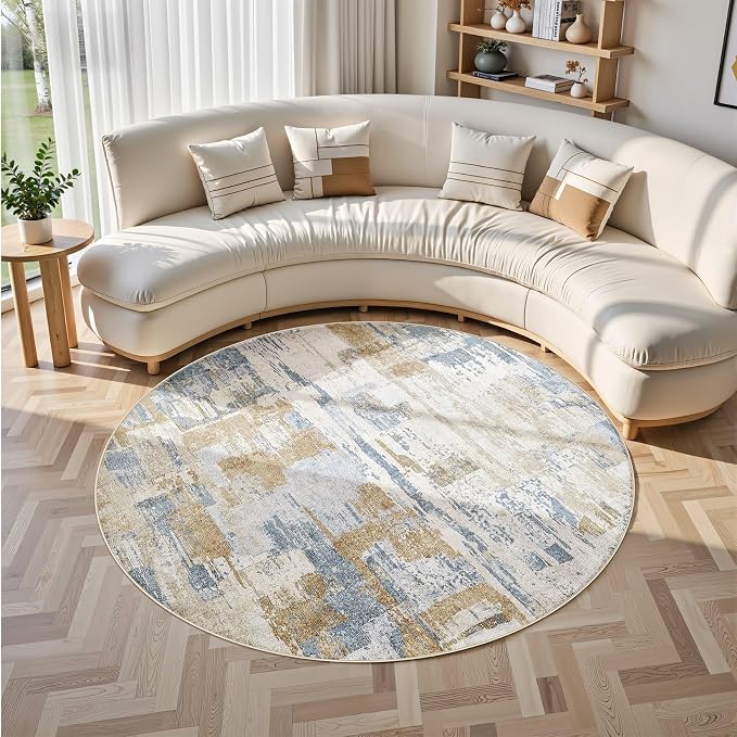 kakania Abstract 9x9 Round Rugs for Living Room: Circle Rugs 9FT Blue | Washable, Soft, Non-Slip, Low-Pile, Pet & Kid Friendly - Large Modern Home Decor Carpet for Bedroom/Dining Room/Nursery