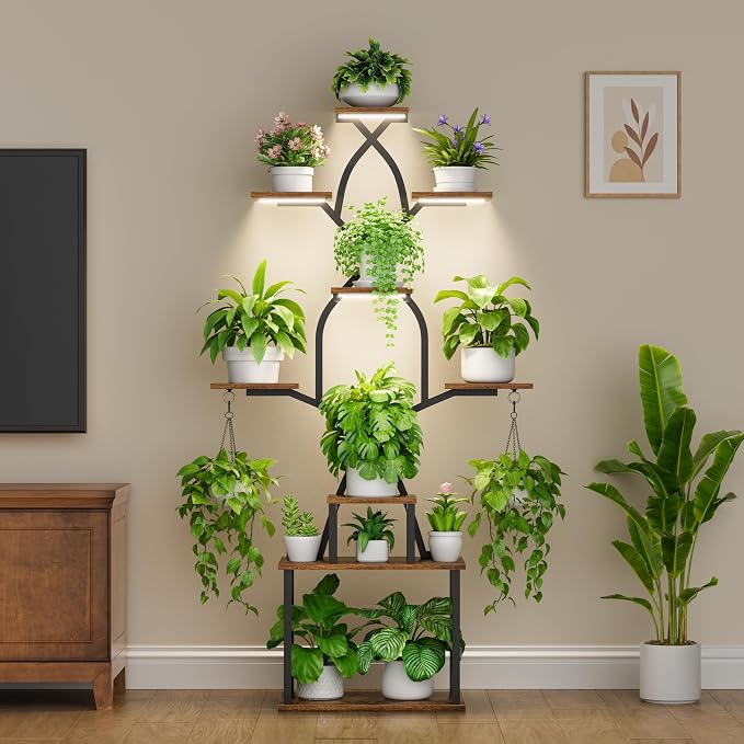 EVAWOO Plant Stand Indoor with Grow Lights - 7 Tier Indoor Plant Shelf, 64" Tall Plant Stands for Indoor Plants, Corner Metal Plant Stand, Plant Holder for Living Room, Porch, Black