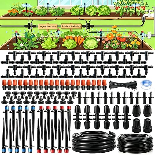 Dianrui 240FT Drip Irrigation System, Automatic Drip Irrigation Kit for Greenhouse/Yard/Lawn/Plant/with 1/2 inch Hose, 1/4 inch Distribution Tubing and Accessories