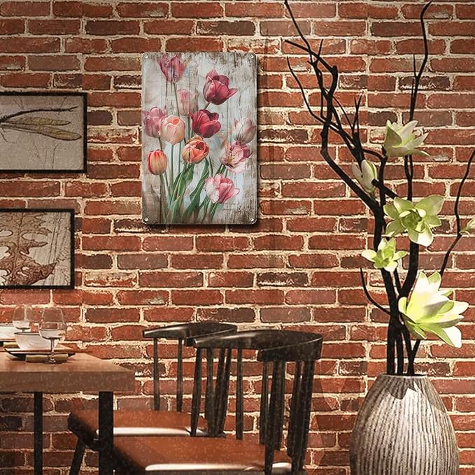 Metal Sign Tin Sign Vintage Wall Art Vintage Tulips Tin Sign for Rustic Wall Art Shabby Chic Interiors and Corrosion Resistant Aluminu Garden Tin Sign for Restaurant 6×8 Inches