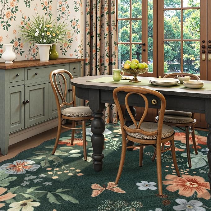 Lahome Floral Washable 6x9 Area Rugs, Soft Bedroom Rug for Living Room | Ultra-Thin Non Slip Dining Room Rug, Stain Resistant Boho Rugs Throw Carpet for Office Flore (6'x9',Dark Green)
