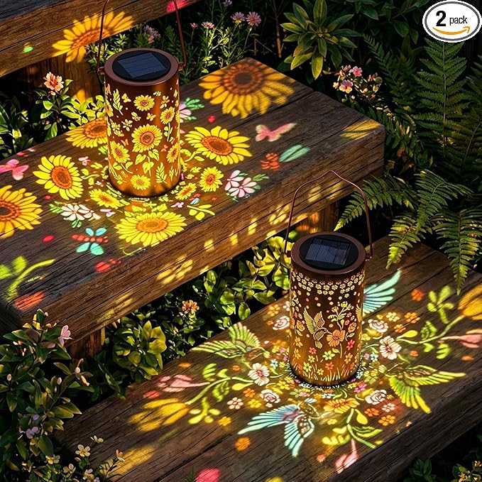 2 Pack Colorful Solar Lanterns Outdoor Waterproof, Garden Decor Gifts for Women Mom Grandma - LED Sunflower and Hummingbird Solar Powered Lights Metal Hanging Lantern for Outside Garden Patio Yard