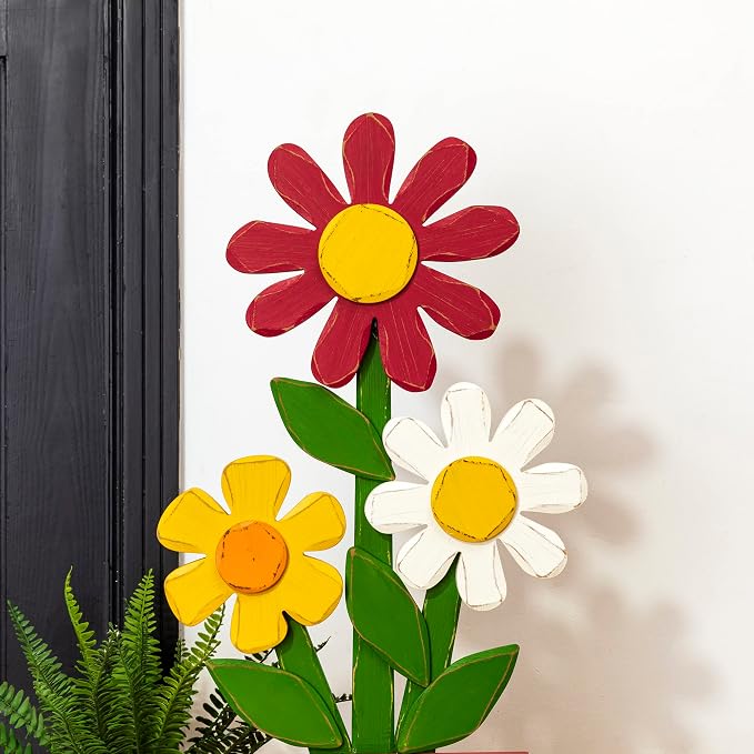 Glitzhome 30 Inch Welcome Sign for Front Door Porch Standing, Outdoor Decor with Wooden Trio Flowers, Yard Sign for Patio Front Door Outside