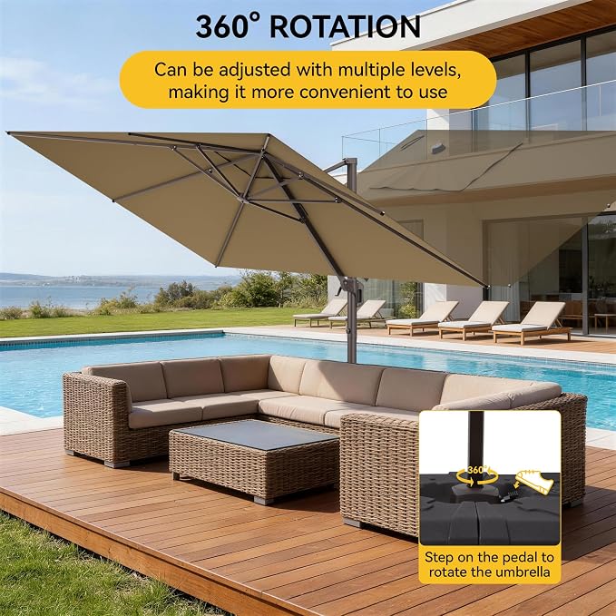 9x12 FT Cantilever Patio Umbrella, Large Rectangular Offset Outdoor Umbrella with 360° Rotation, Heavy Duty Shade Umbrella for Garden Backyard Deck Poolside Courtyard, Brown