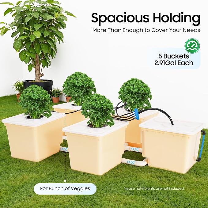 DWC Hydroponic System, 3-Gallon 5 Buckets Deep Water Culture, Recirculating Drip Garden System with Submerged Pump for Growing Vegetables, Hydroponics Grow Kit for Indoor/Outdoor Leafy Vegetables