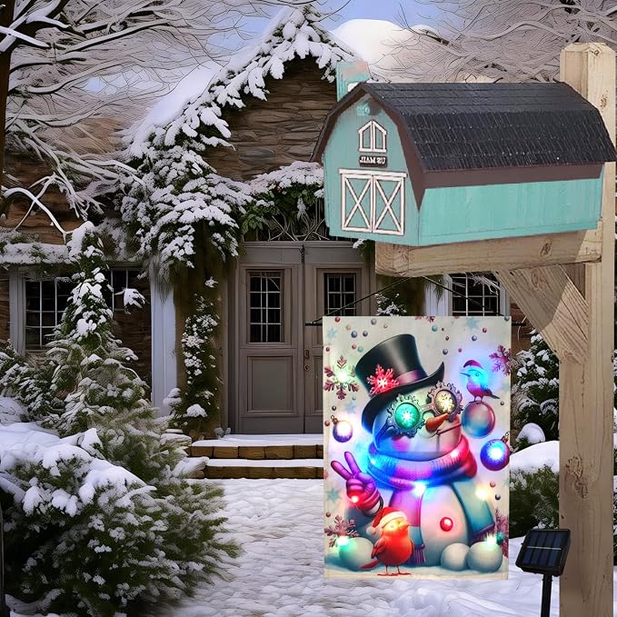 Welcome Lighted garden flag Snowman house garden flags 12X18 double sided, solar sall yard flag, lawn home decoration.