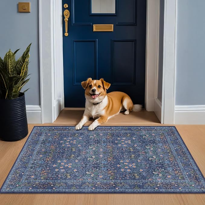Vintage Dark Blue 3x4 Entryway Rug, Washable Small Area Rugs for Kitchen, Bedroom, Oriental Low Pile Stain Resistant Non-Slip Large Rug
