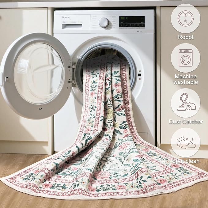PLHXFR 2x5 Washable Runner Rug：Floral Indoor Kitchen Carpet Pink Green | For Hallway Bedroom Kitchen Laundry Bathroom Dorm,Vintage Floral,Machine washable,Non Slip,Stain Resistant,Indoor Floor
