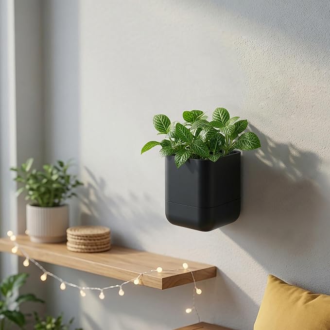 Phoenix Vine 4.5 Inch Wall Mounted Self-Watering Planter Pot for Indoor Houseplants and Herbs | Hanging Planter for Window Sills, Bathroom Walls, Home & Office Décor, Black, Set of 1, 01-B-E-1