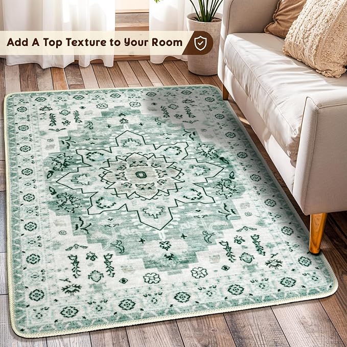 LBRO2M Machine Washable Rug Soft Pet Friendly Carpet 3X5 Green | Persian Throw Rug 3X5 for Entryway, Kitchen, Bathroom Non Slip Carpet, Foldable Stain Resistant Rugs