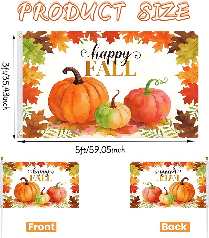 Fall Flag 3x5 Ft Double Sided Happy Fall Banner with White Header Tube & 2 Brass Grommets, Double Stitched Pumpkin Maple Leaf Thanksgiving Decorations for Yard Garden Porch Rustic Holiday Decor