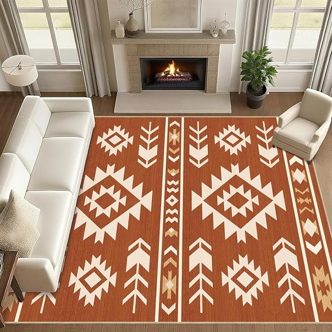 8x10 Area Rug for Living Room Western Rug Southwestern Aztec Tribal Rugs Southwest Navajo Machine Washable Non-Slip Printed Low-Pile Floor Carpet for Bedroom Dining Room Office, Yellow Brown