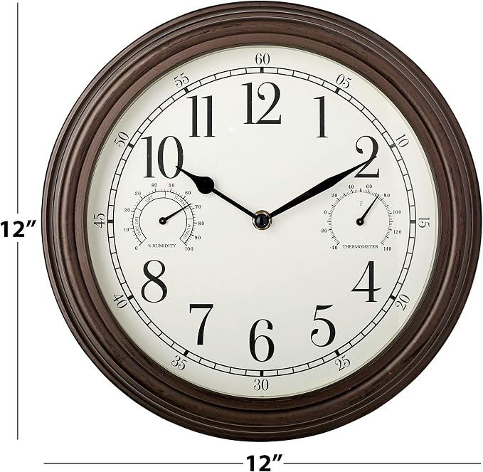 Westclox Indoor/Outdoor Wall Clock with Temperature & Humidity Gauges, Weather-Resistant, Quartz Accuracy, Battery-Powered (Bronze, 12-Inch)