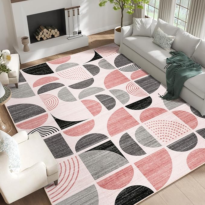 Pink Washable Rugs 9x12,Boho Area Rugs Non Slip Modern Abstract | Large Throw Carpet for Living Room Bedroom Dining Room Soft Low Pile Floor Indoor Bohemian Pink and Grey