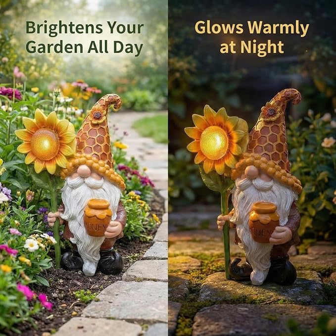 Lyeasw Solar Garden Gnomes Gifts - Garden Gnome Decor Outdoor - 8.3 Inch Honey Pot Funny Figurines for Birthday Anniversary Gardening, Unique Sunflower Decorations for Mom & Grandma Yard Patio