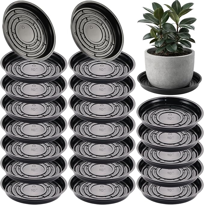 20 Packs 10 Inches Large Black Plant Saucers for Indoor Outdoor Use Heavy Duty Plastic Plant Trays for Planter Bulk Flower Pot Drip Trays to Catch Water, 4 to 20 Inch