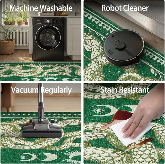 DCX 8x10 Washable Snake Rug for Living Room, Non Slip Low Pile Rug, Green | Rugs for bedroom, dining room, office, soft, gothic rug, sain resistant indoor carpet, home decor