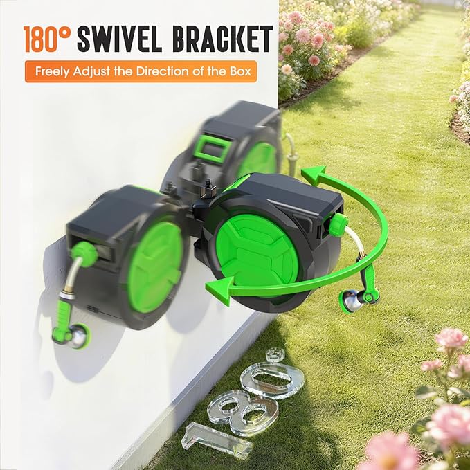 Retractable Garden Hose Reel 1/2" x 100ft, Wall Mounted Water Hose Reel with Auto Rewind, Any Length Lock, 180° Swivel Bracket & 9-Pattern Spray Nozzle, Heavy Duty Outdoor Hose Storage for Garden