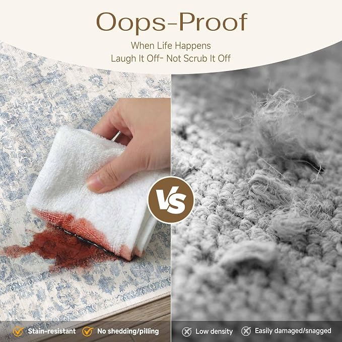 3x5 Blue Neutral Area Rug | Washable, Non Slip, Soft Low Pile, Vintage Farmhouse, for Entryway Kitchen Bathroom Living Room Bedroom Indoor Home Decor