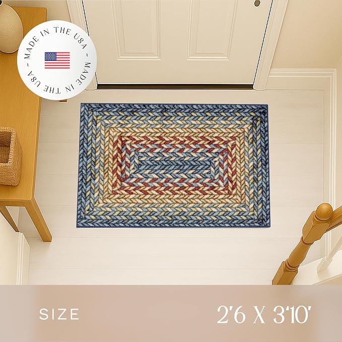 Maples Rugs Marion Bohemian Braided-Style Print Area Rug – Made in USA – Washable, Non-Slip Low-Profile Small Indoor Rug for Entryway & Kitchen, 46" x 30", Multi-Color