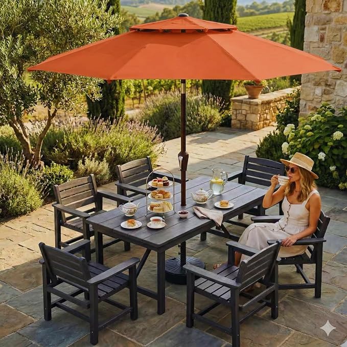 10FT Patio Umbrella, 2 Tier Outdoor Table Umbrella, Large Vented Market Umbrellas with Push Button Tilt and Crank, 8 Sturdy Ribs for Backyard, Deck, Pool, UPF50+ UV Protection