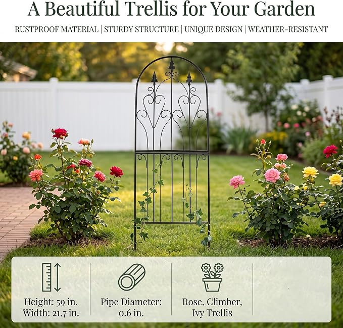 Garden Trellis for Climbing Plants 59" H x 21.7" W Metal Unique Design Decorative Garden Structure Weather-Resistant Lattice Outdoor Decor Flowers Roses Vine Ivy Clematis Black Coating