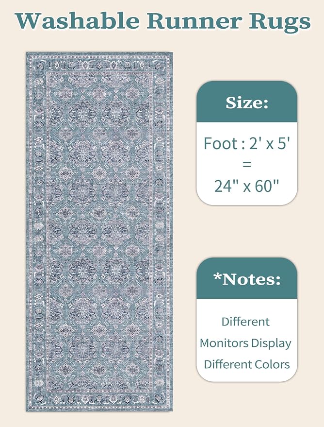 SERISSA 2x5 Washable Non Slip Floral Boho Runner Rug for Hallway | Ultra Soft Vintage Floral Carpet Low-Pile Blue Grey Indoor Mat Throw Rug for Kitchen Bedroom Bathroom Laundry Living Room