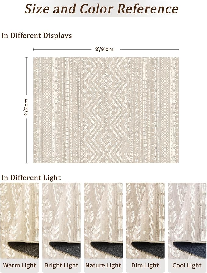 Miukiki 2x3 Entryway Rug Washable Non Slip Moroccan Area Rugs Brown | Soft Low Pile Kitchen Rug for Bedroom Bathroom Floor, Indoor Small Rug Easy Clean Machine Washable Rugs 2'x3'