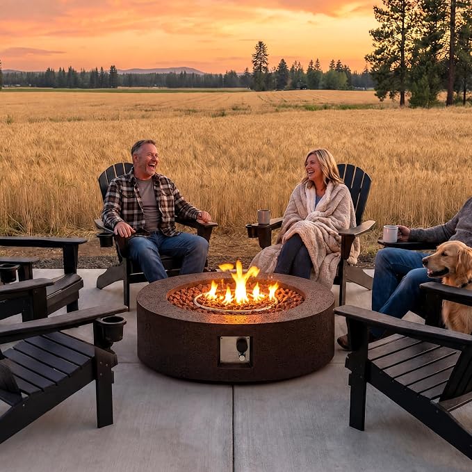 COSIEST 42 inch Outdoor Propane Fire Pit Coffee Table w Concrete Round Base Patio Heater, 50,000 BTU Stainless Steel Burner, Free Lava Rocks, Rain Cover, Brown