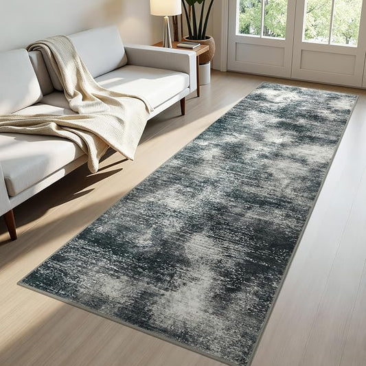 Joydeco 2x6 Washable Runner Rug for Hallway, Modern Abstract Non-Slip Soft Rugs, Low Pile Carpet for Entryway, Bedroom, Kitchen, Laundry, Light Gray & White & Dark Gray