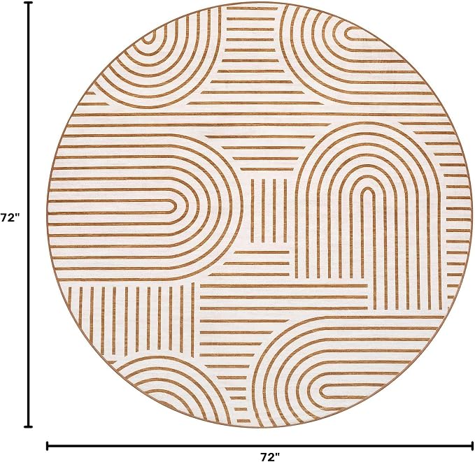 ROYHOME Modern 6ft Round Washable Rug for Living Room Soft Non Slip, Orange | Abstract Area Rug for Bedroom, Rainbow Throw Rugs with Rubber Back, Low Pile Stain Resistant Geometric Carpet for Dining Room
