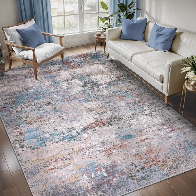 Tangsoo Abstract 6x9 Washable are Rugs for Living Room, Non Slip Large Rug | Modern Indoor Contemporary Carpet, Soft Low Pile Foldable Floor 5x7 Rug for Bedroom Dining Room Dorm Blue/Grey Home Decor