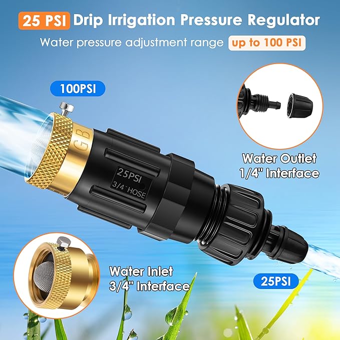 Drip Irrigation Faucet Adapter 25 PSI, 1/4" Tubing Quick Connect to 3/4" Garden Hose with Backflow Preventer, Filter, Plumbers Tape, Pressure Regulator, Copper Drip Irrigation System Fittings