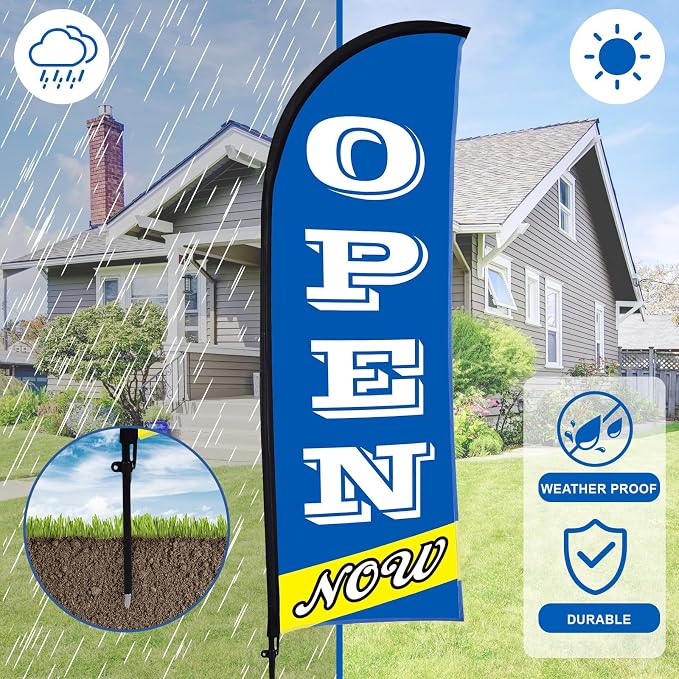 Buryeah 2 Sets Now Open Flag Banner for Business Advertising 7 ft Feather Flag Sign with Flagpole Ground Stake Portable Bag(Blue)