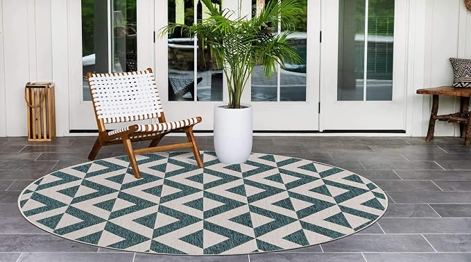 Unique Loom Outdoor Collection Area Rug - Napa (6' 7" Round, Teal/ Ivory)