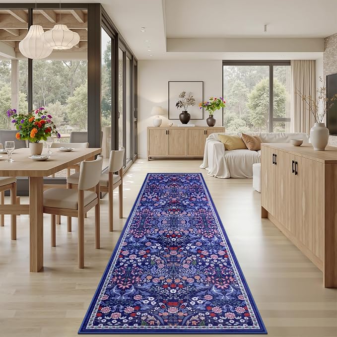 PLHXFR 3x10 Washable Runner Rug：Floral Indoor Kitchen Soft Carpet Blue | For Hallway Bedroom Kitchen Laundry Bathroom Dorm,Vintage Floral,Machine washable,Non Slip,Stain Resistant,Indoor Floor