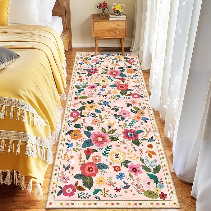 Floral Washable 2x8 Area Rugs Runner Entryway Hallway Pink | Flower Carpet, Print, Boho, Non-Slip, Easy to Clean, Low Pile, Soft, for Living Room Bedroom Kitchen Office Entrance
