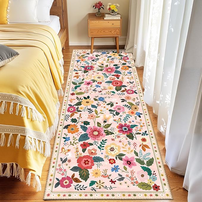 Floral Washable 2x10 Area Rugs Runner Entryway Hallway Pink | Flower Carpet, Print, Boho, Non-Slip, Easy to Clean, Low Pile, Soft, for Living Room Bedroom Kitchen Office Entrance