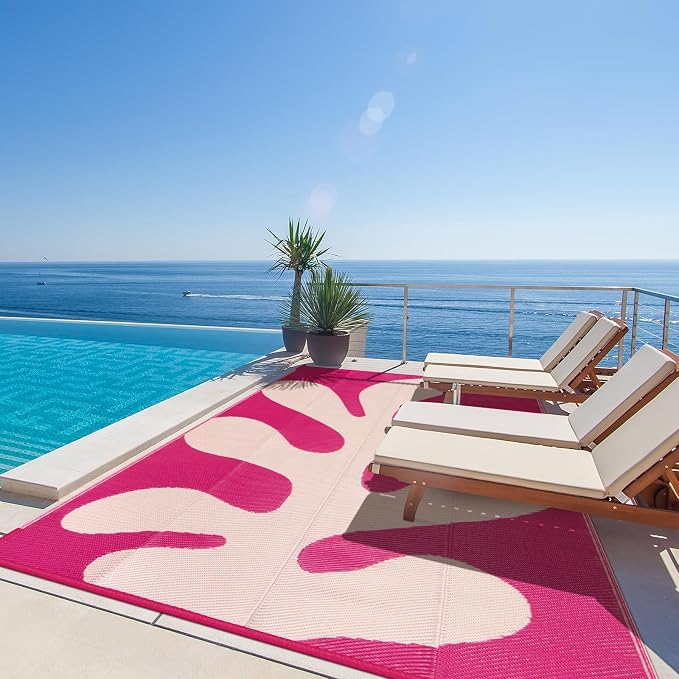 Lahome 9x12 Pink Outdoor Pool Rug, Sea Coral Beach Camping Rugs for Outside Your Rv, Waterproof Plastic Straw Stain Resistant Deck Carpets for Picnic Patio Porch Decor, Pink 9'x12'