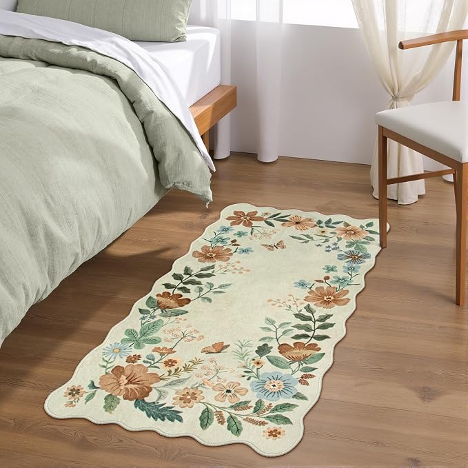 Lahome Floral Entryway Rug, 2x4 Washable Kitchen Rugs Non Slip Ultra-Thin | Front Door Mat Indoor Entrance Stain Resistant Boho Low-Pile Carpet for Entry Bathroom Bedroom Flore (2x4ft, Beige)