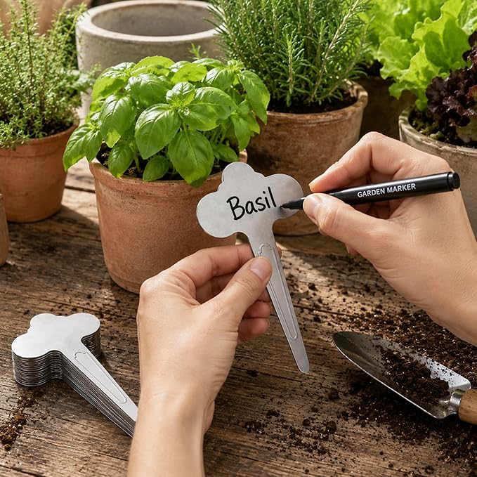60 Pack Metal Plant Labels 6-1/2" x 3-1/2" Stainless Steel Outdoor Reusable Nursery Plant Name Tags Waterproof Garden Seed Labels Makers for Flowers Vegetable Pots Seedlings Herbs