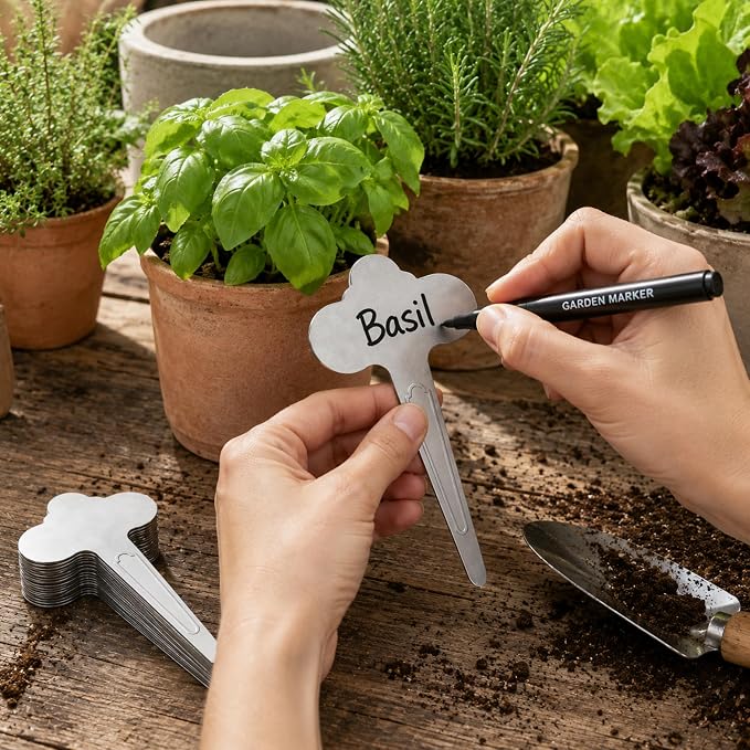 30 Pack Metal Plant Labels 6-1/2" x 3-1/2" Stainless Steel Outdoor Reusable Nursery Plant Name Tags Waterproof Garden Seed Labels Makers for Flowers Vegetable Pots Seedlings Herbs