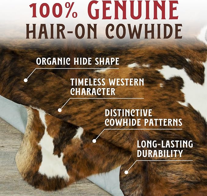HIDES BAZAAR Brown Brindle Cowhide Rug 6x8 ft, Real Hair on Hide Area Rug | Brown, black and white brindle stripes. Genuine hair on hide tanned soft, cow skin rug that fits ranch to modern decor